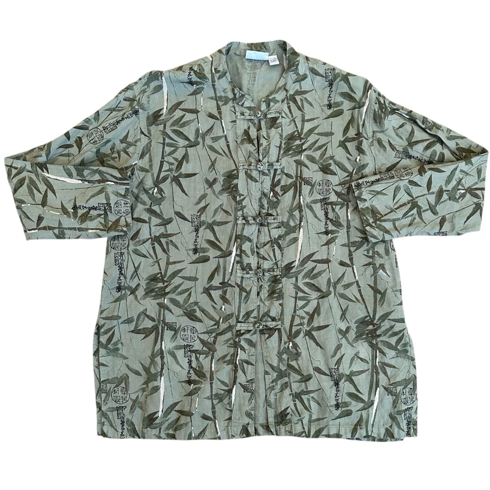 Vintage Chico's Sages Green Asian Inspired Bamboo Print Blouse Jacket Linen Larg